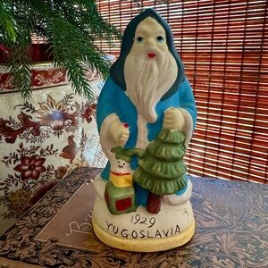 Vintage Yugoslavia Folk Art Santa Figurine Hand Painted Ceramic Christmas Decor